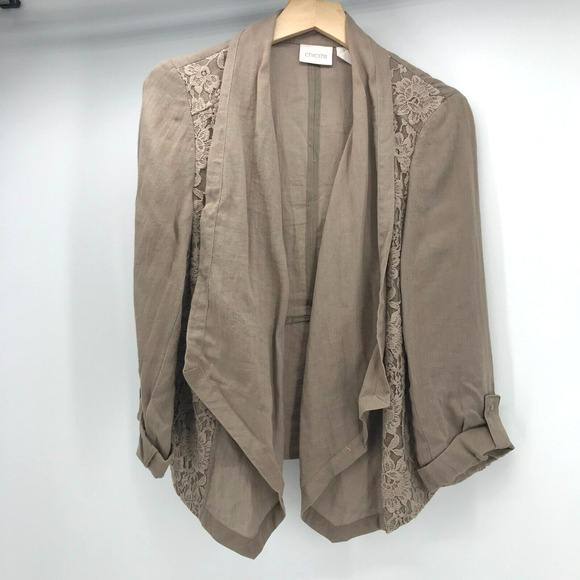 Chico's Jackets & Blazers - Chicos Jacket Womens Medium Tan Waterfall Open Front Roll Tab Sleeve Lace Panels